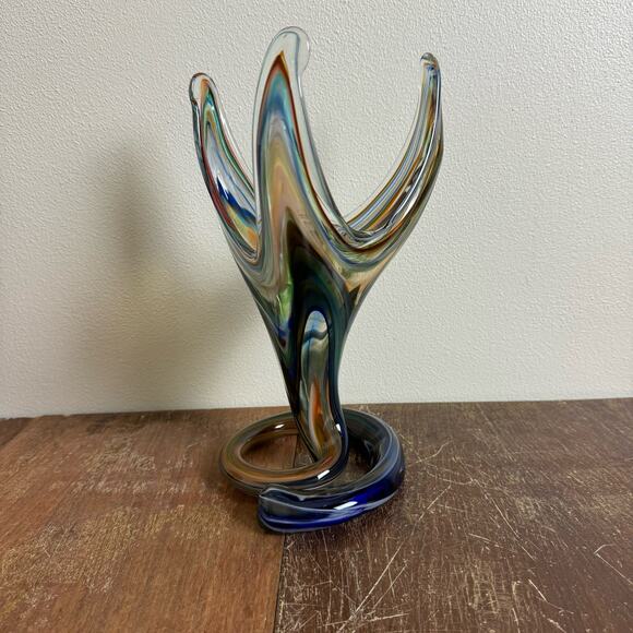 MCM Vintage Blue Green Murano Style Stretched Serpentine Vase Blown Art‎ Glass - Picture 1 of 9